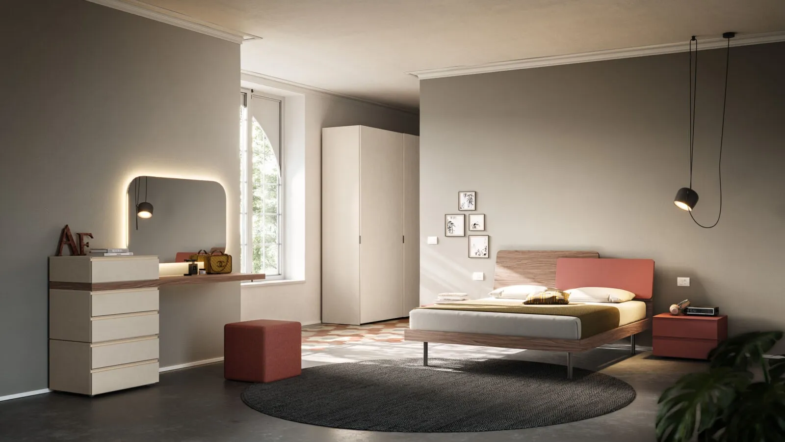 Double bed Loli Night 19 in textured Walnut and Brick by Orme