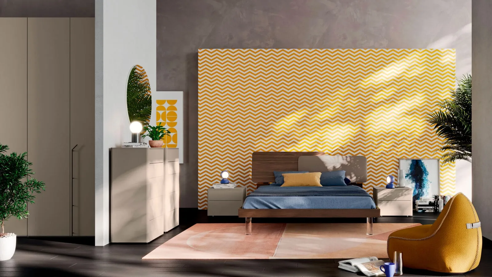 Bed with a headboard in terracotta material and eco-leather Loli by Orme.