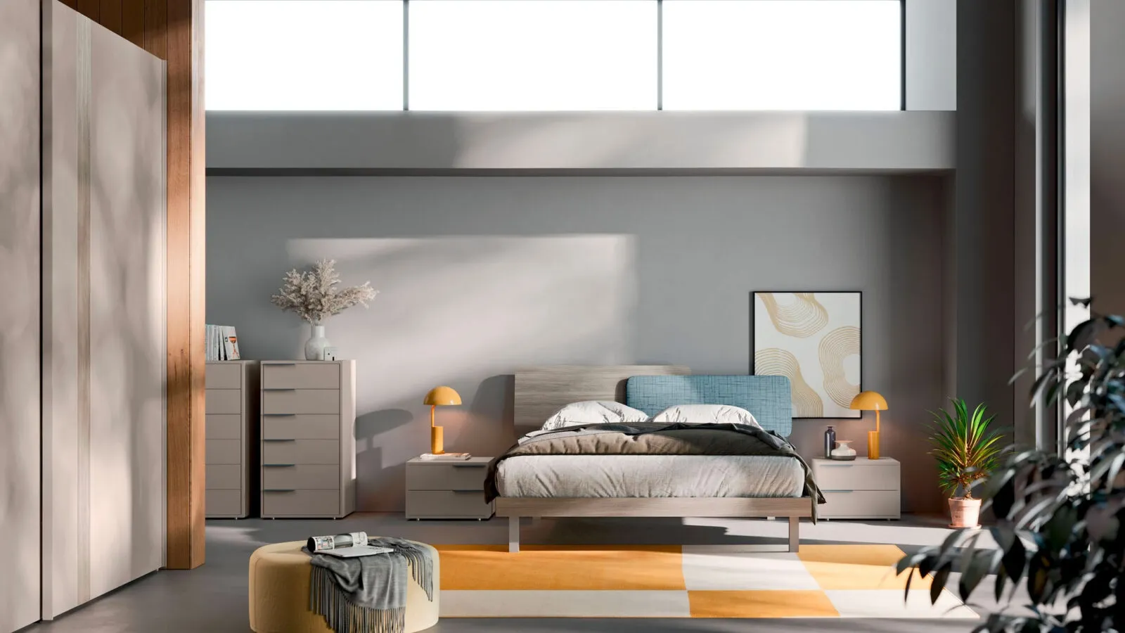 Bed with Ossidato materic headboard and Loli fabric by Orme.