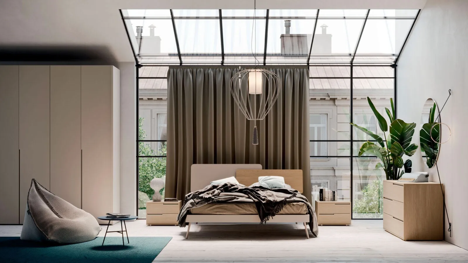 Bed with Loli headboard in Tortora melamine and Rovere materico by Orme.