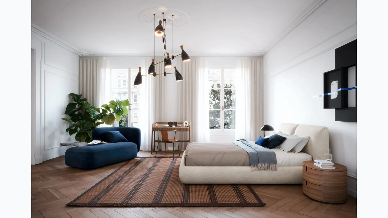 Novamobili's Midnight bed in upholstered fabric.