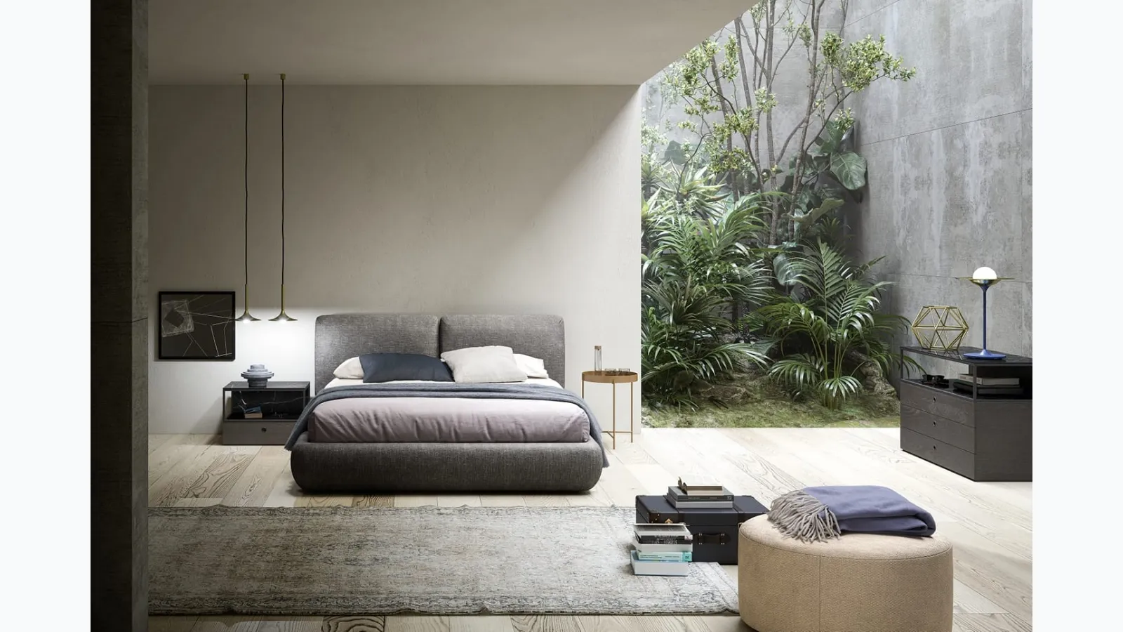 Novamobili's Midnight bed in padded fabric.