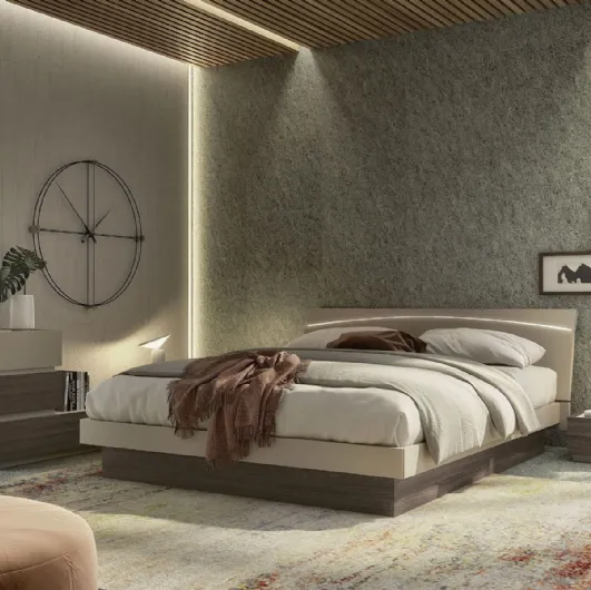 Bed with LED illuminated headboard in beige finish and dark elm Moon Led from S75