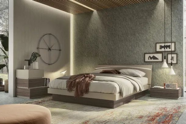 Bed with LED illuminated headboard in beige finish and dark elm Moon Led from S75