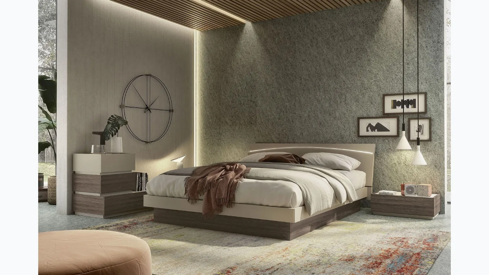 Bed with LED illuminated headboard in beige finish and dark elm Moon Led from S75