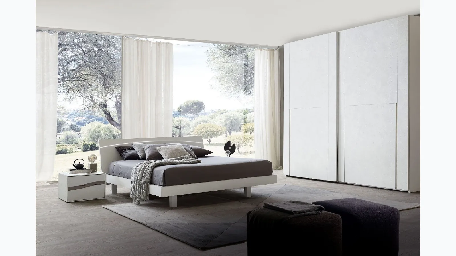 Bed with LED backlit headboard in white cement finish Dark Moon Led by S75.