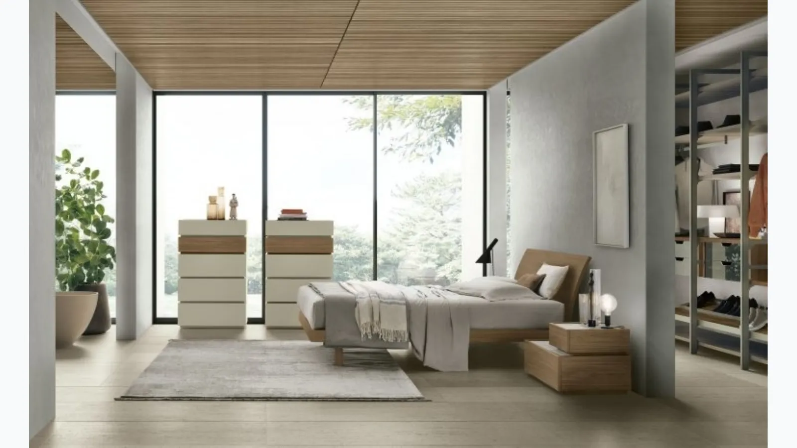 Bed in textured walnut amber with Narciso headboard by Tomasella.