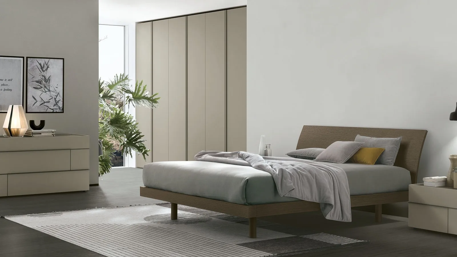 Bed in moka oak material with Narciso headboard by Tomasella.
