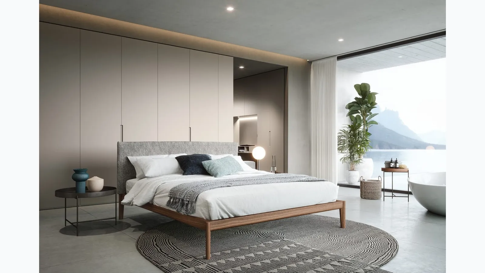 Walnut Neos bed with headboard upholstered in Novamobili fabric.