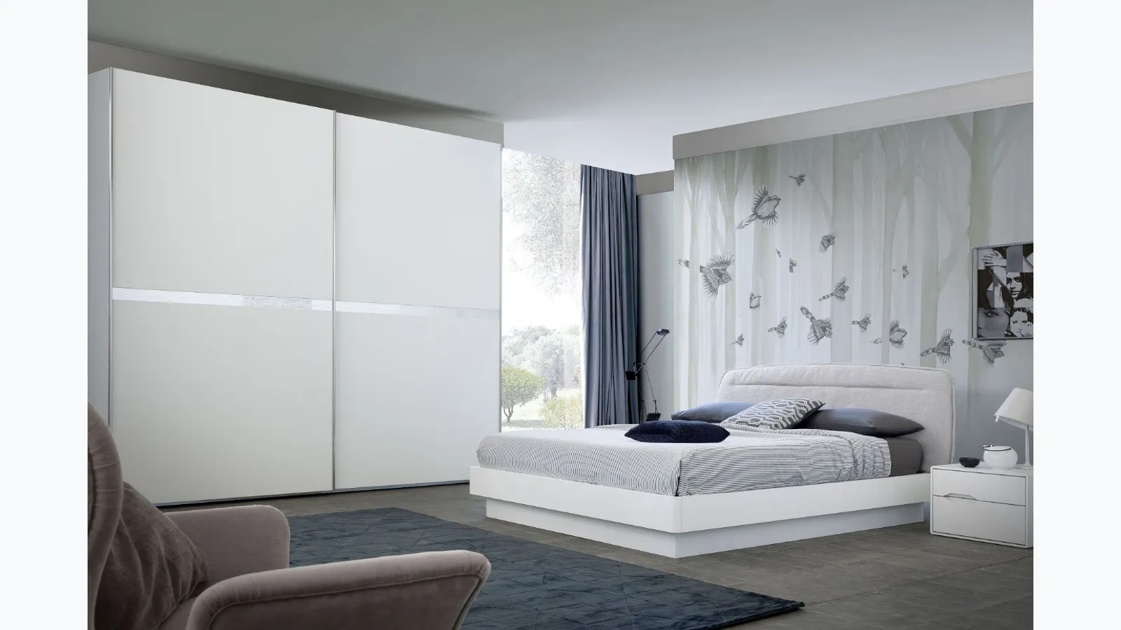 Bed with fabric headboard in Oasi Bouclè S75.