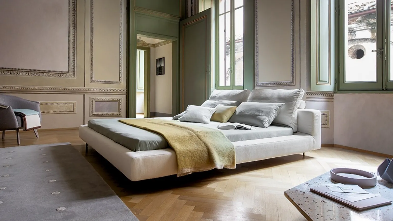 Bonaldo's Owen bed in padded fabric.