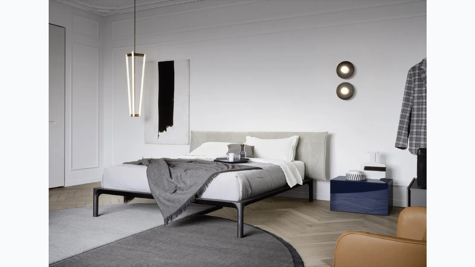 Bed with fabric headboard and wooden frame Park by Novamobili.