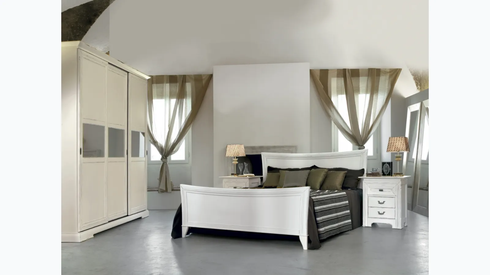 Tranquil white lacquered wooden bed with headboard by Tonin Casa.