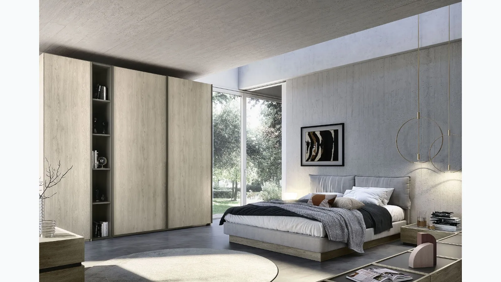 Padded bed in grey fabric with Relax S75 headboard.