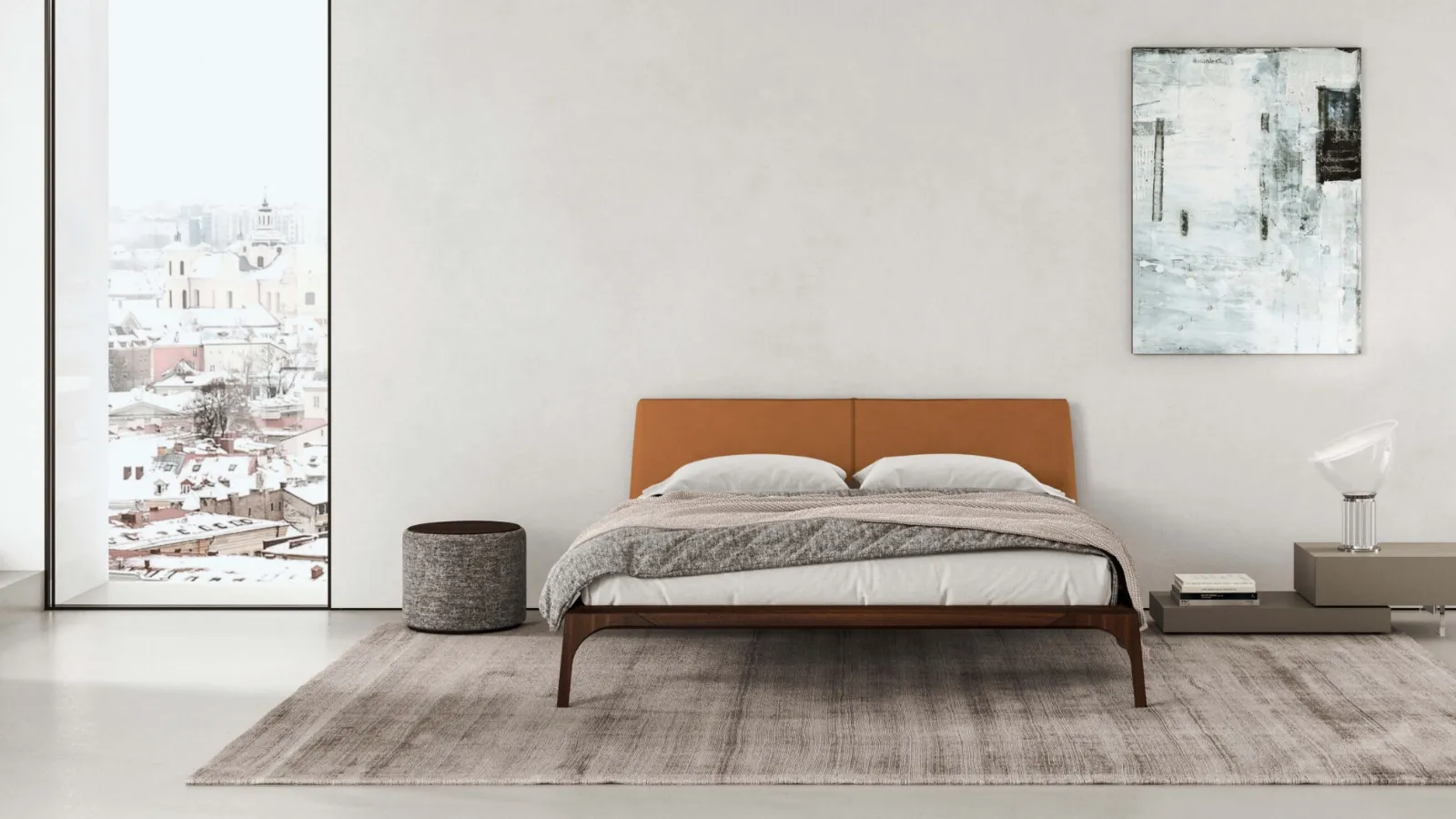 Padded Relevè Bed with a leather-covered headboard by Presotto.