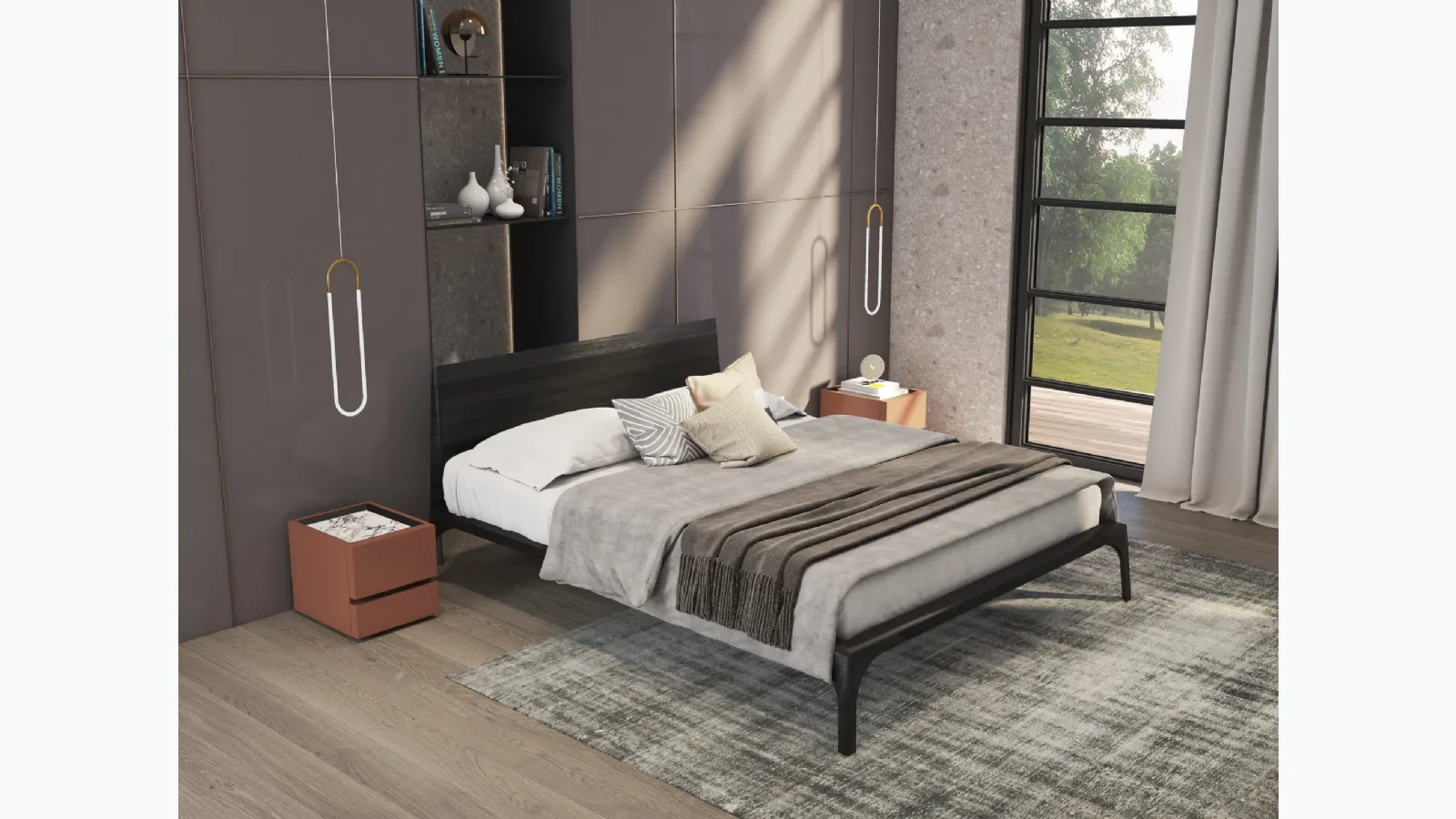 Black stained ash wood veneer bed Relevè by Presotto