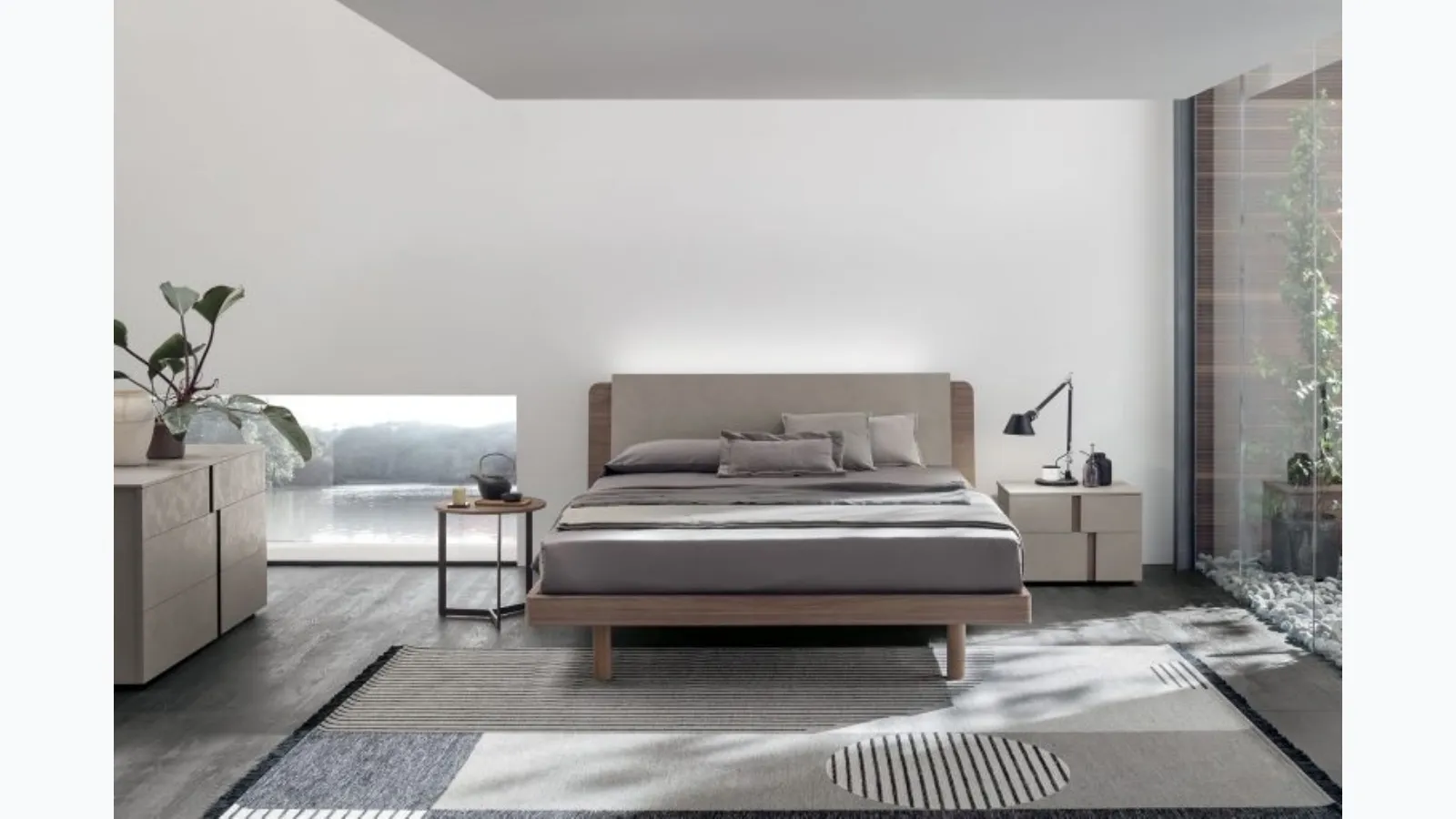 Read in amber walnut and quarry cement textured bed with Tomasella's Roxy headboard.
