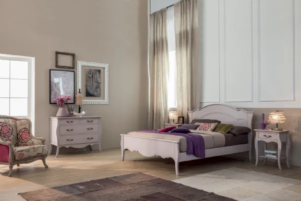 Wooden bed lacquered lilac with linear decorations Sandy by Tonin Casa.