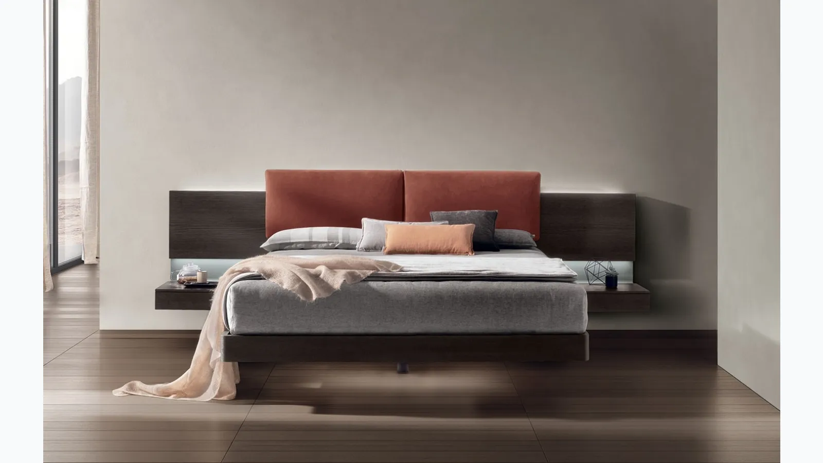 Bed in moka oak material with padded leather headboard Shiro by Tomasella.