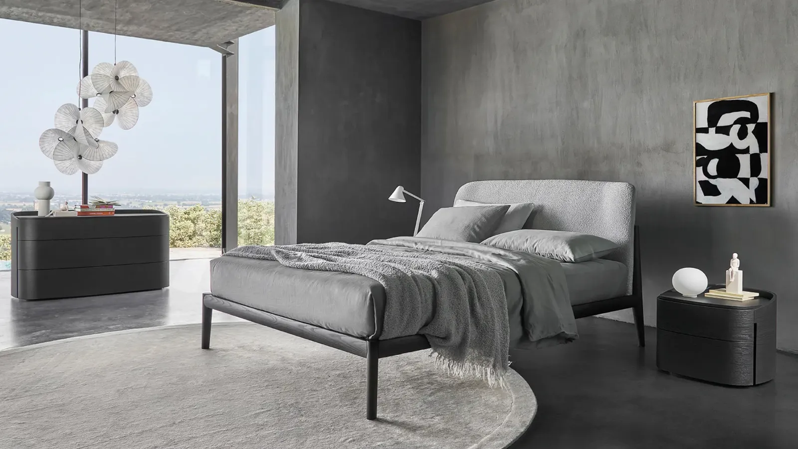 Sissi bed with upholstered fabric headboard by Sangiacomo.