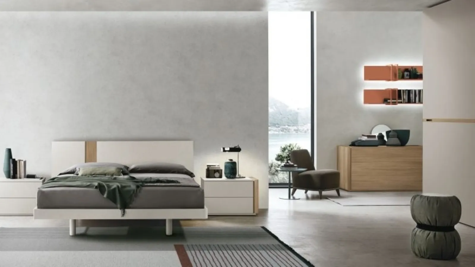 Tomasella's tablet bed in jute material and amber walnut insert is crafted to perfection.