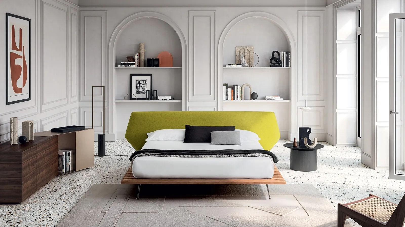 Bed with fabric headboard and wooden frame Taipei by Felis.
