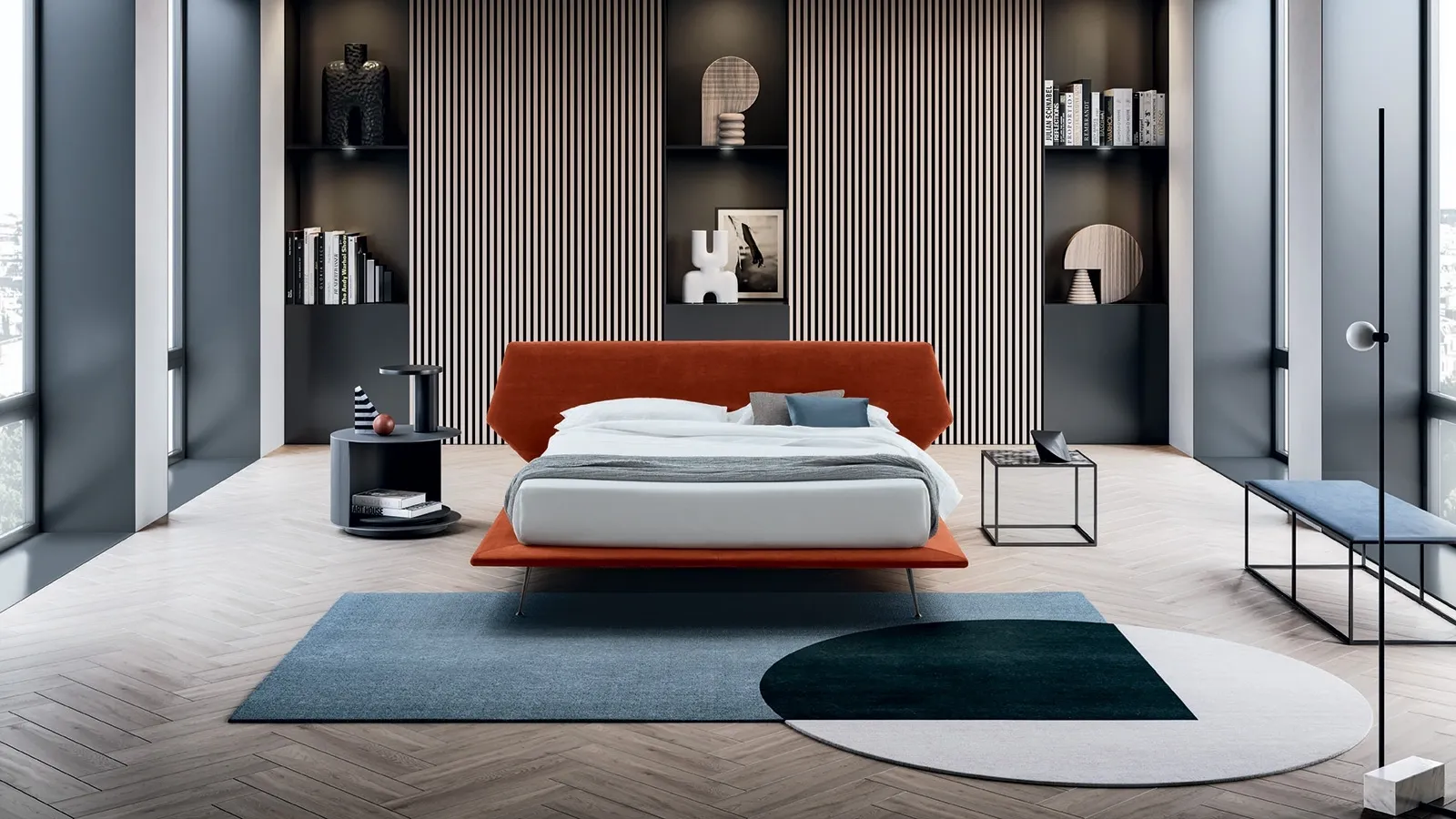 Bed covered in fabric with Taipei headboard by Felis