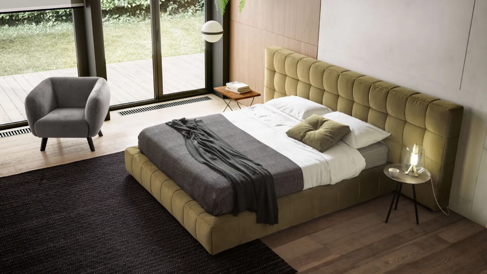 Quilted velvet bed with headboard Terence XL by Valentini.