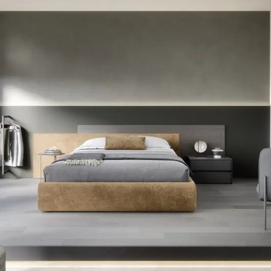 Bed with storage Time headboard in padded fabric and wood by Novamobili