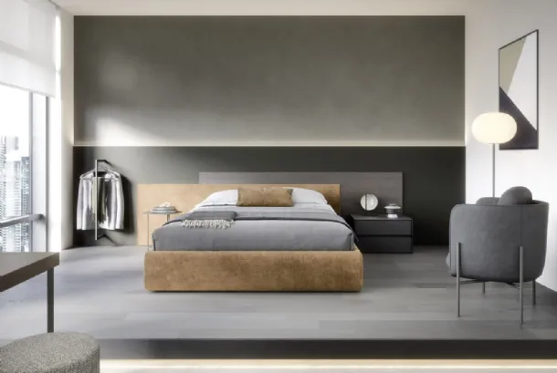 Bed with storage Time headboard in padded fabric and wood by Novamobili