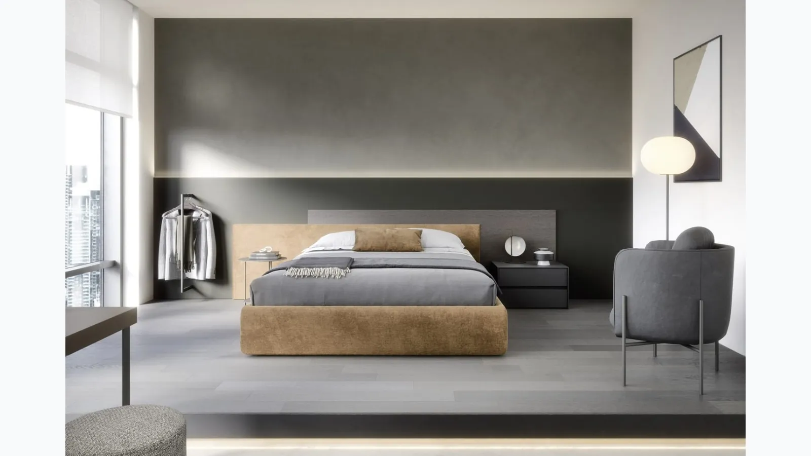 Bed with storage Time headboard in padded fabric and wood by Novamobili