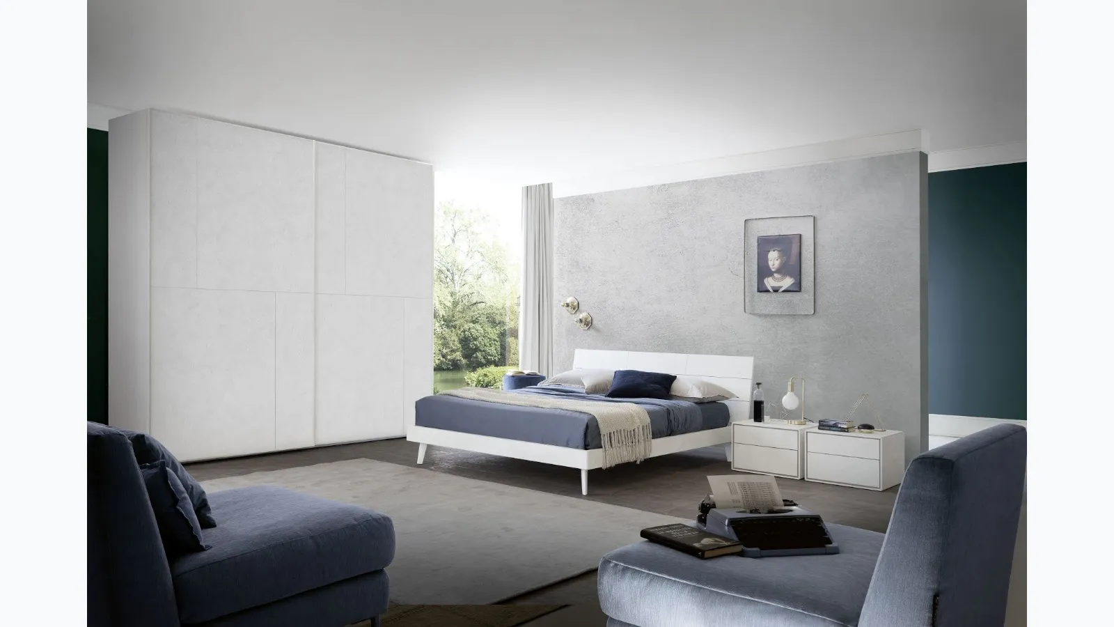Bed with headboard in white cement finish Wall of S75.
