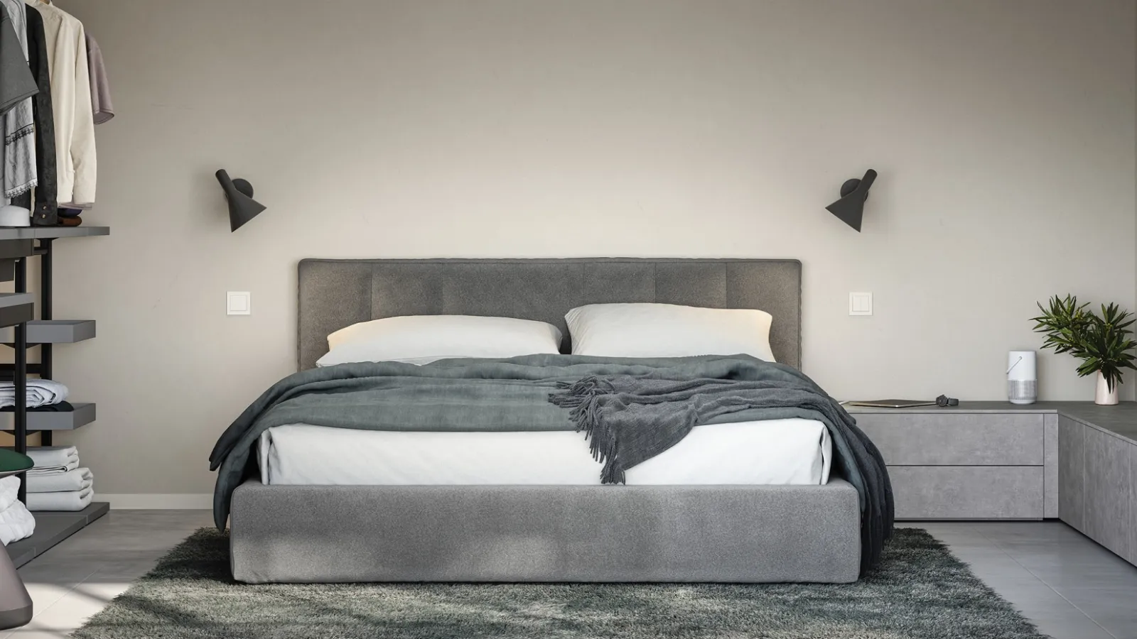 Bed with upholstered and quilted headboard in York fabric by Cinquanta3