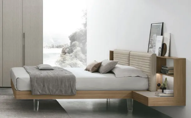 Yuki bed in walnut material with faux leather headboard by Tomasella.