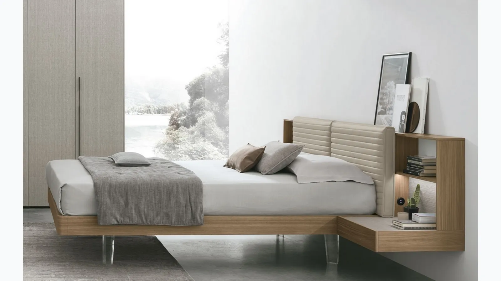 Yuki bed in walnut material with faux leather headboard by Tomasella.