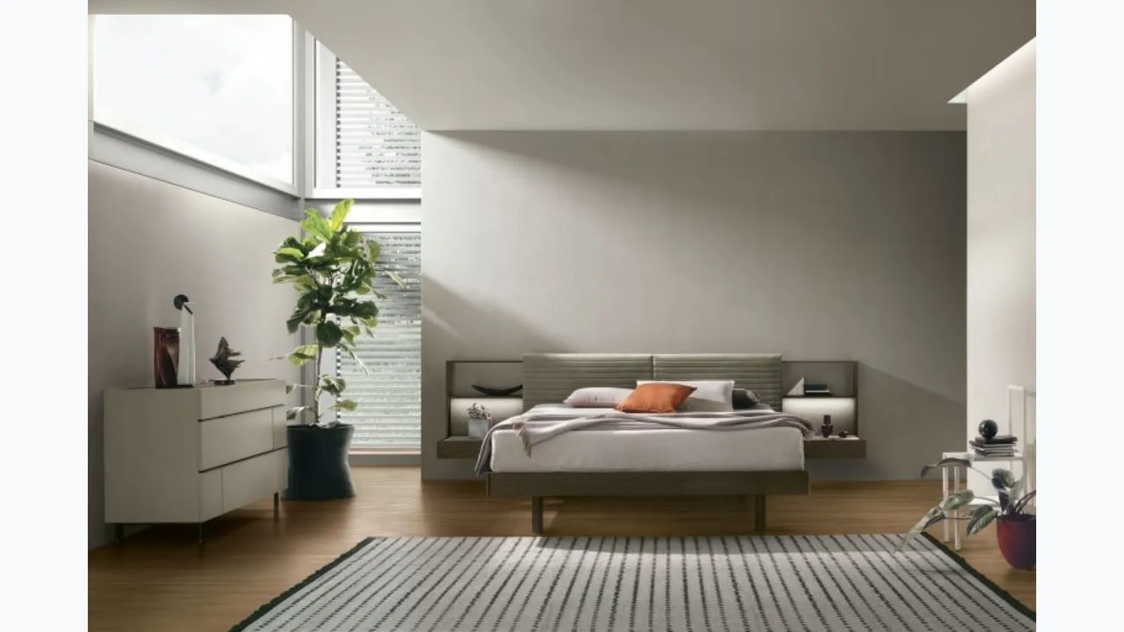 Yuki bed in moka oak material with eco-leather headboard by Tomasella.