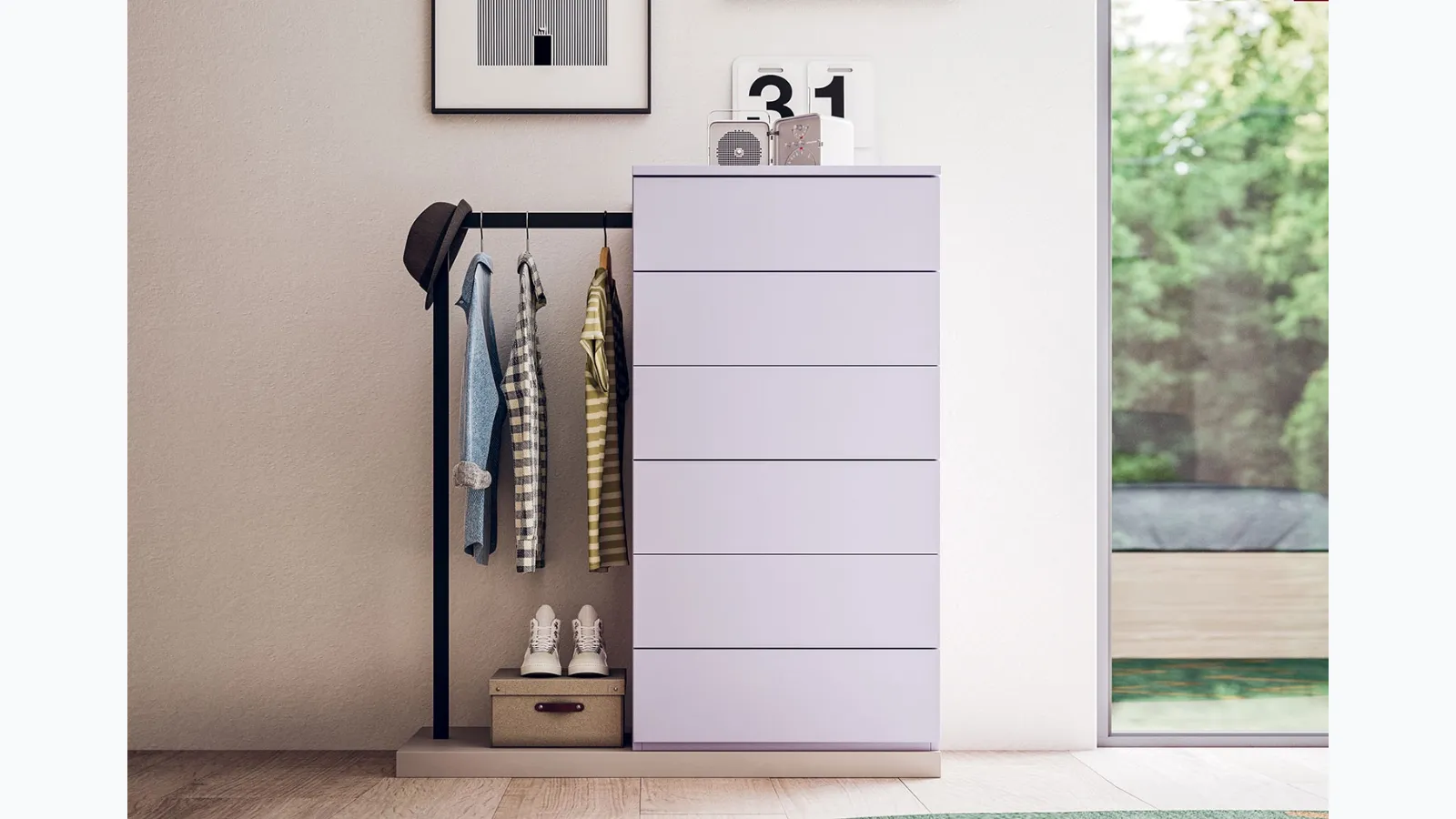 The Ambrogio weekly magazine holder in matte lacquer with integrated coat hanger by Clever.