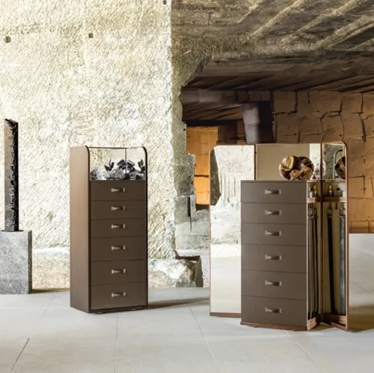 Giano chest of drawers in thermally treated oak with drawers lined in leather by Alivar.