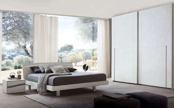 Bedside table in white cement finish with light elm handles in Infinity Onda S75.