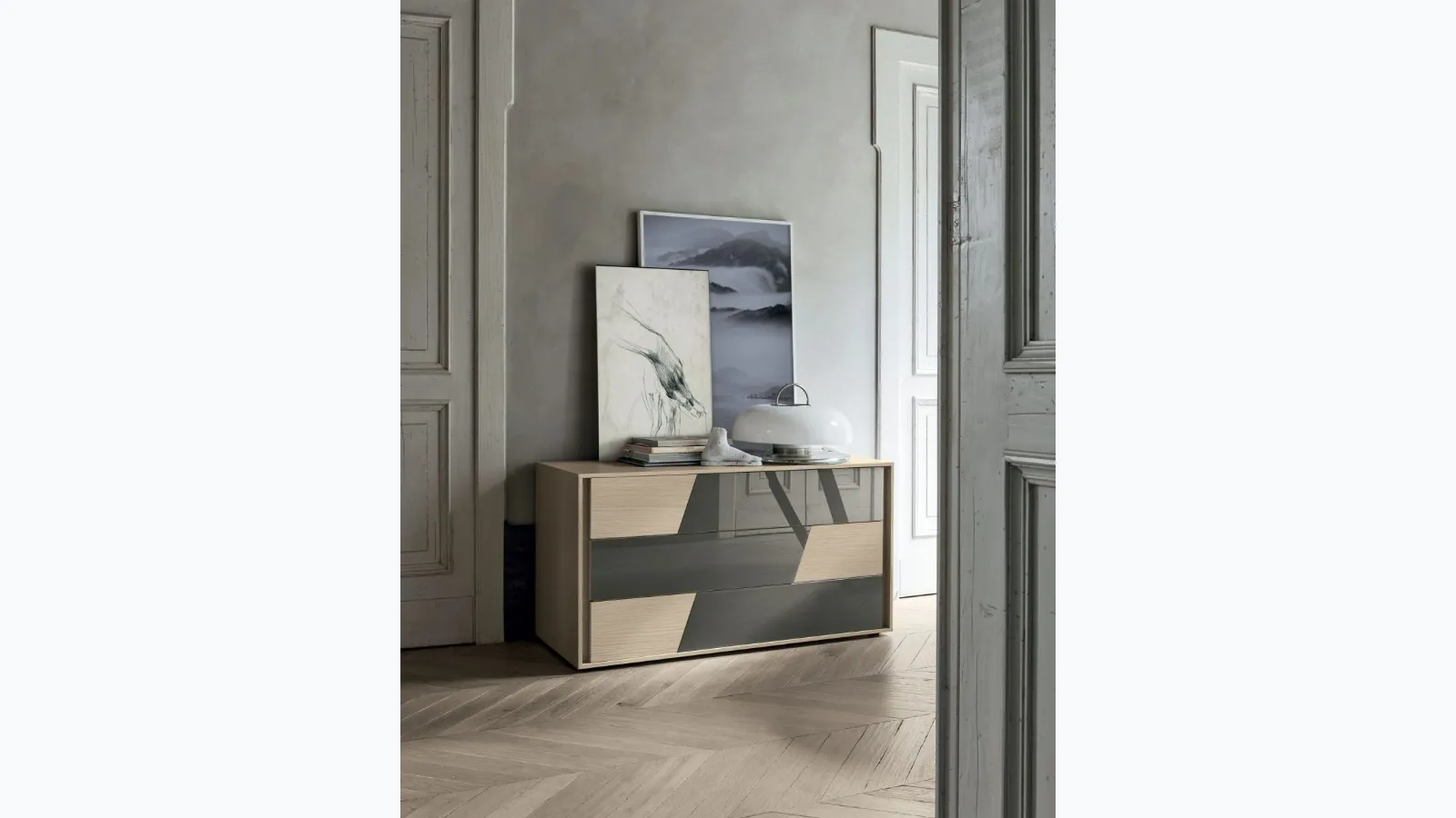 Kross dresser in materic finish with glass inserts by Tomasella.