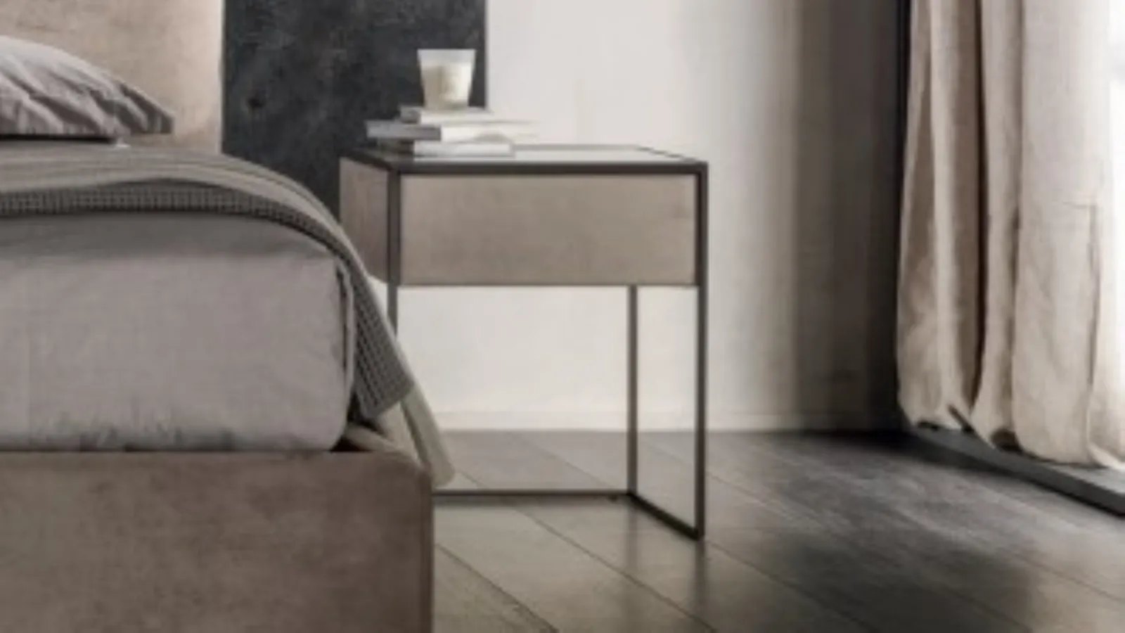 Narcissus bedside table covered in leather with a metal structure by Cantori.