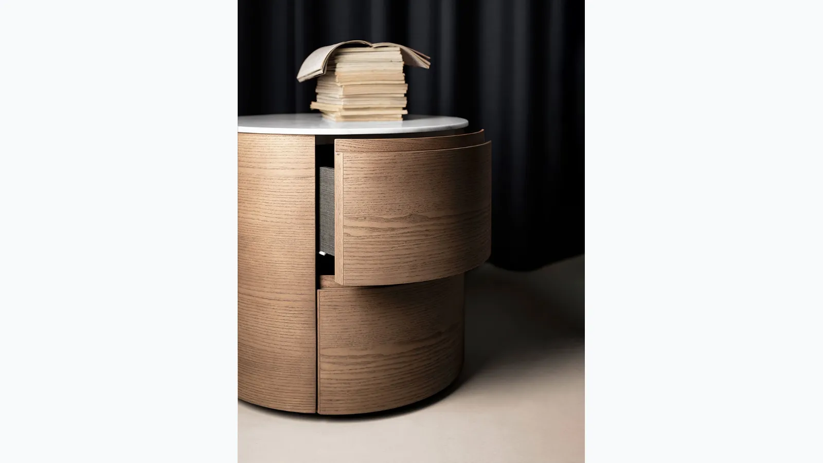 Wooden Orbit bedside table with Kristalia marble top.