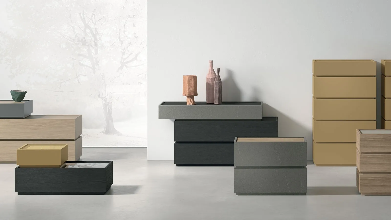 Night Replay group in textured or lacquered finish by Tomasella.