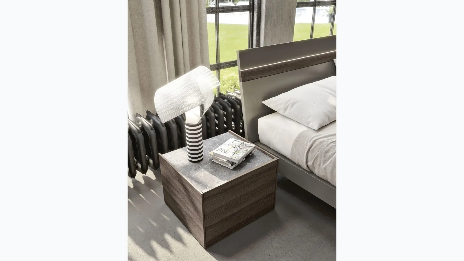 Bedside table in dark elm finish with grey stone top Spalla 10 Basic by S75.