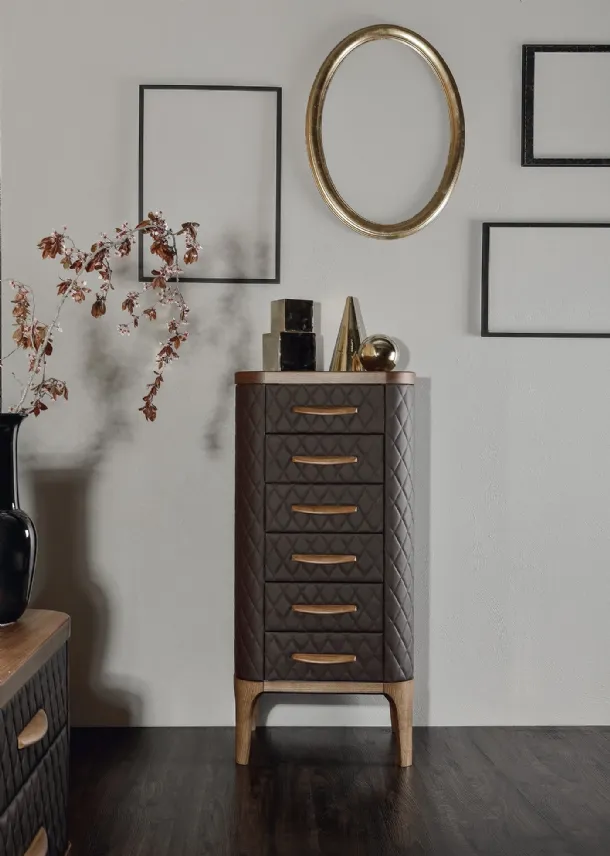 Tiffany chest of drawers with front covered in Tonin Casa leather.