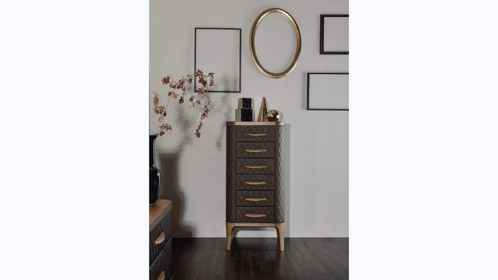 Tiffany chest of drawers with front covered in Tonin Casa leather.