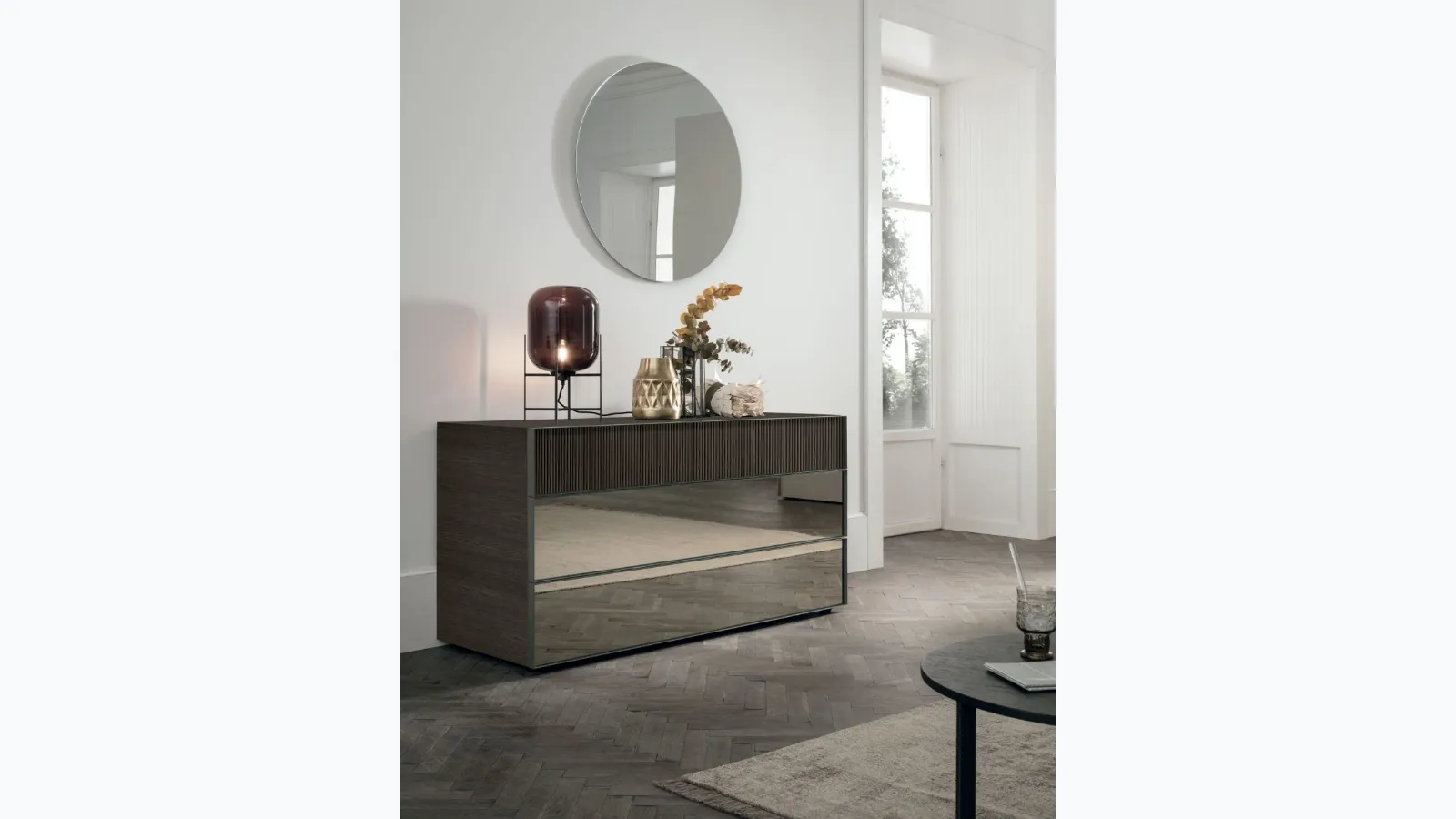 Vinci oak chest of drawers and mirror by Tomasella.