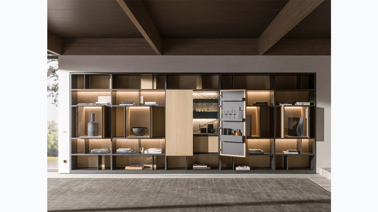 Bookcase 505 UP SYSTEM with Mobile Bar 08 by Molteni & C.