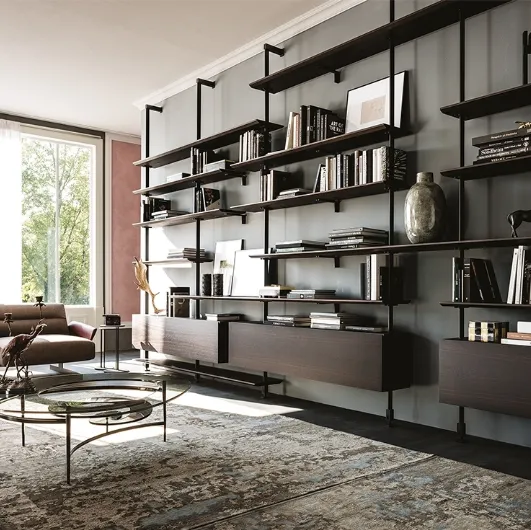 Modular wall library in embossed steel and wood Airport by Cattelan Italia.