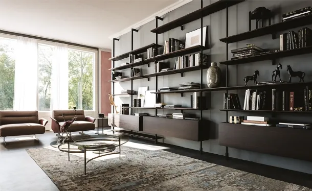 Modular wall library in embossed steel and wood Airport by Cattelan Italia.